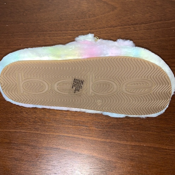 BEBE Fanny Faux Fur Fuzzie Slide Logo Rhinestone Sandals Pink Tie Dye - Picture 9 of 10